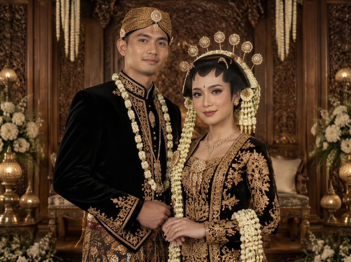 Pengantin adat Jawa dengan riasan paes dan busana beskap emas